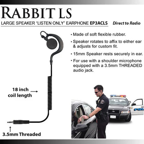 Rabbit Large Speaker Earhook Listen Only Earpiece - Long Cable 3.5mm Threaded - The Earphone Guy