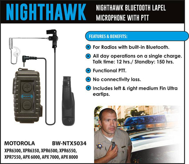 BlueWi BW-NTX5034 Nighthawk Bluetooth Lapel Microphone for Motorola TRBO - The Earphone Guy