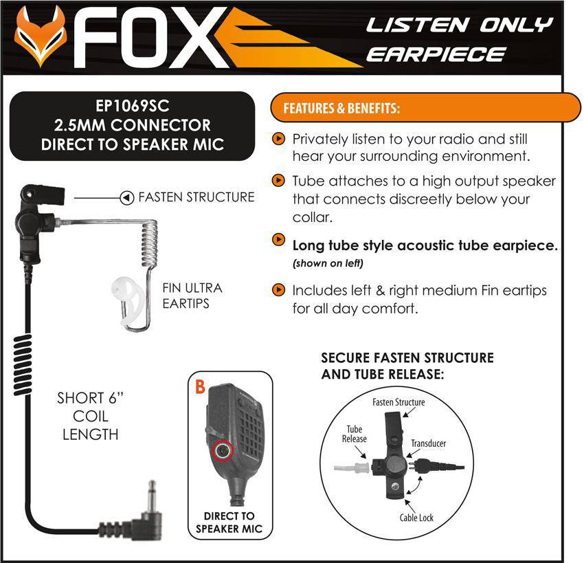 EP1069SCBT Black Diamond Tactical Fox Surveillance Earphone Kit with 2.5mm Connector - The Earphone Guy