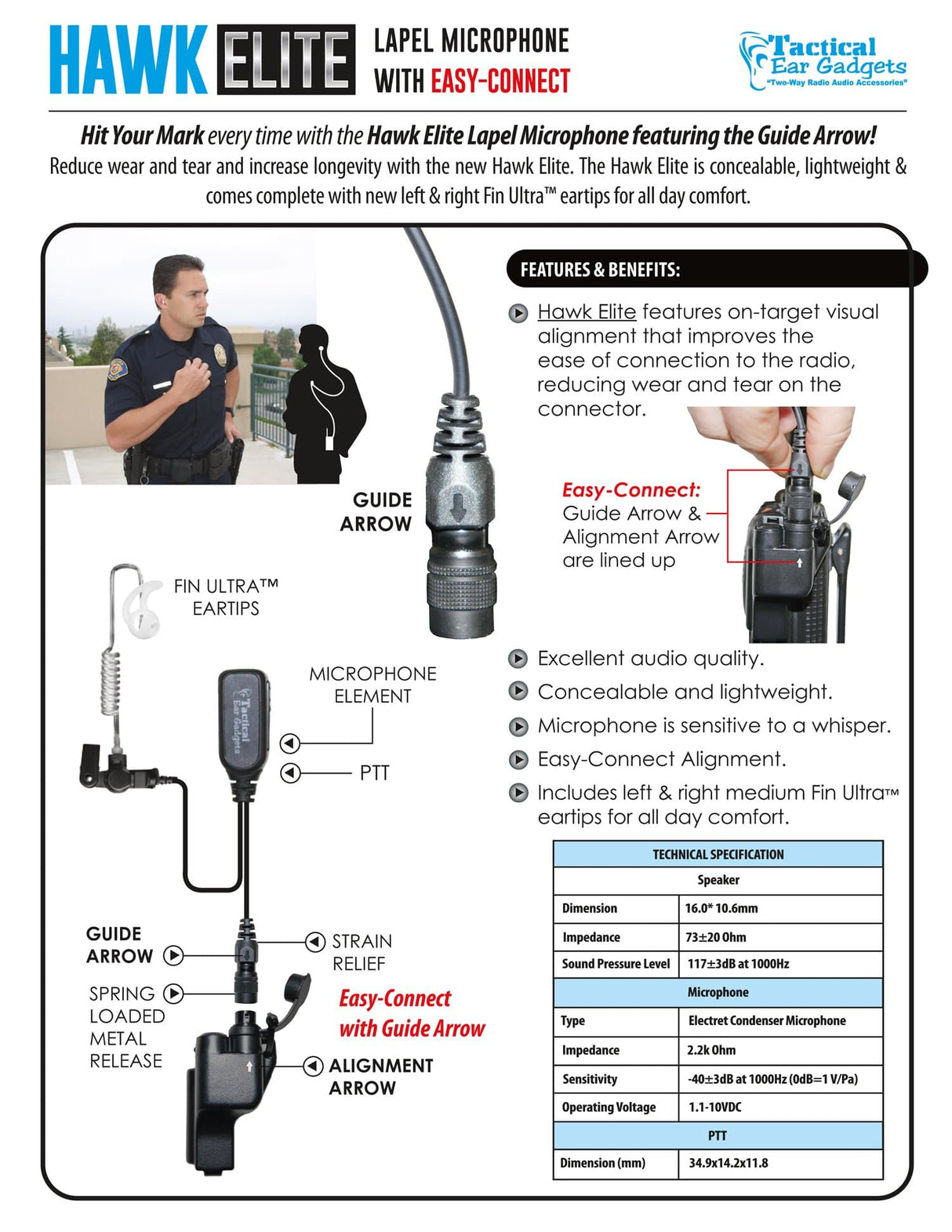 EP1323ECBT, Hawk Black Diamond Tactical Lapel Microphone, w/Easy-Connect fits Motorola XTS/Jedi - The Earphone Guy